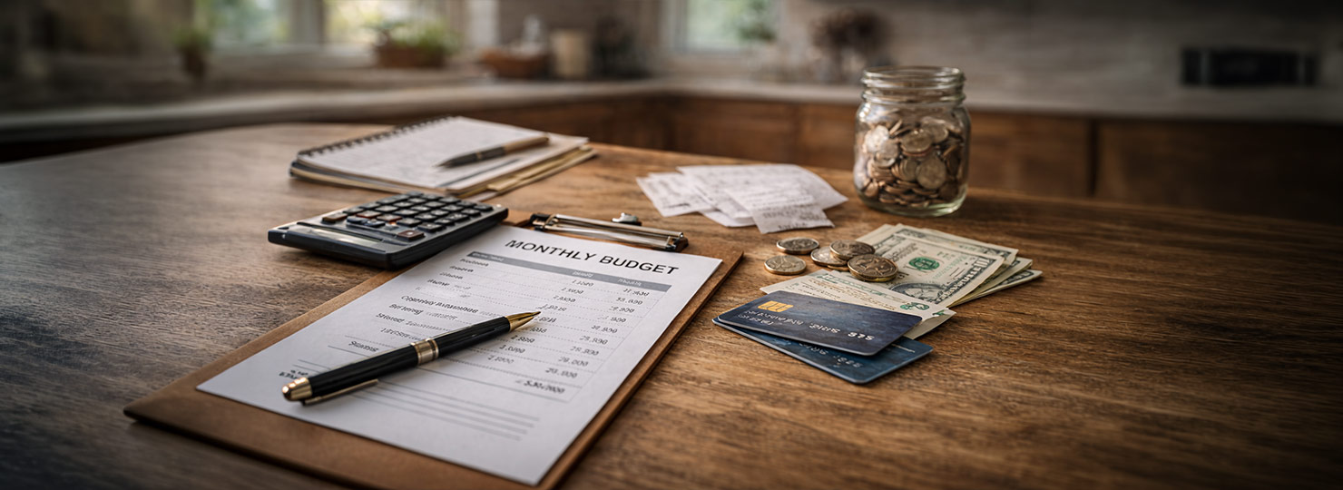 Budget worksheet, calculator, cash, coins, and credit cards on a wooden table