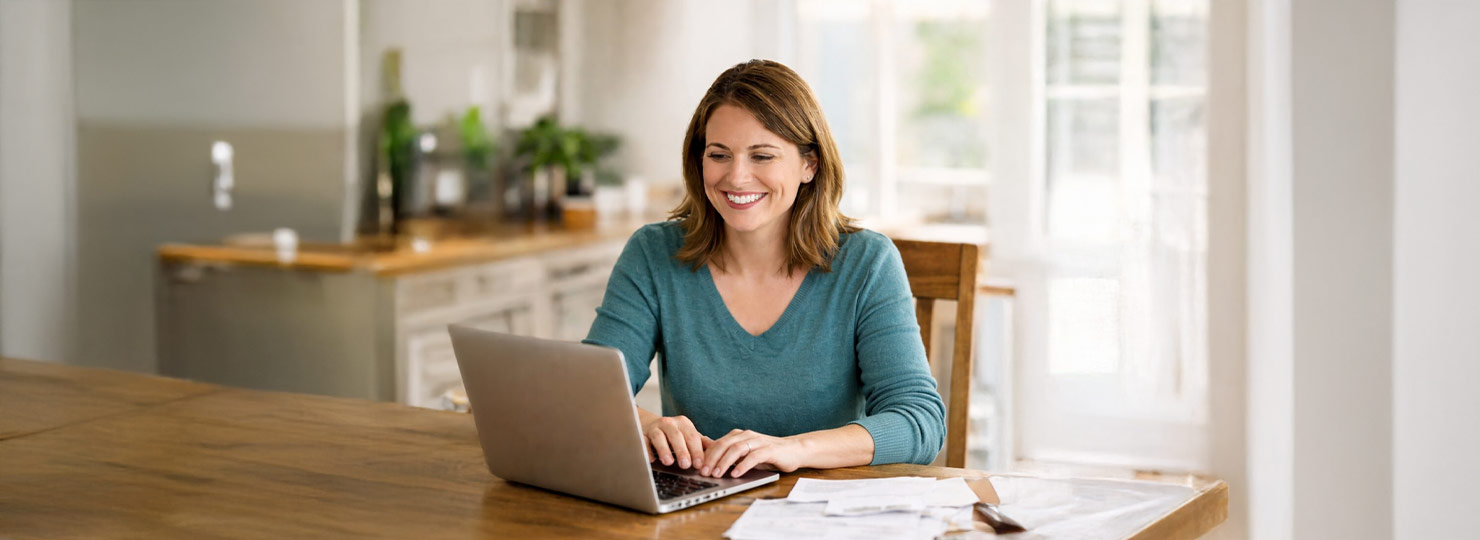 A borrower reviewing bills and later smiling after creating a debt payoff plan with a personal loan